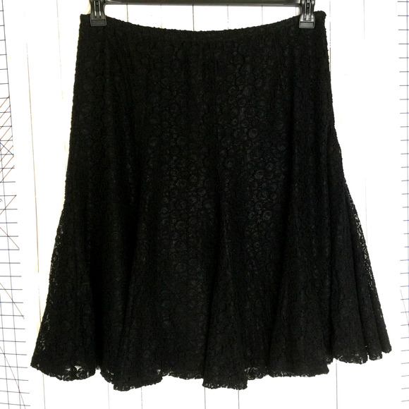 Black Lace Overlay Skirt Size 14 Lined Gypsy Boho Godet Hem Elastic Waist Zip - Picture 5 of 5